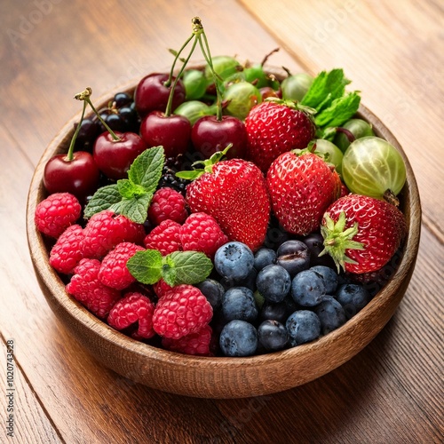 various fresh berries in a bowl mix of different fresh berries on wooden background strawberries raspberries gooseberries and cherries are presented