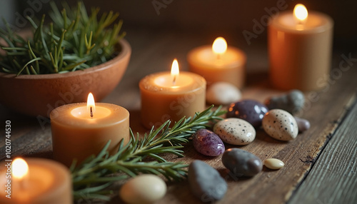 Scented candles and smooth stones arranged on a wooden surface with herbs for a calming ambiance 