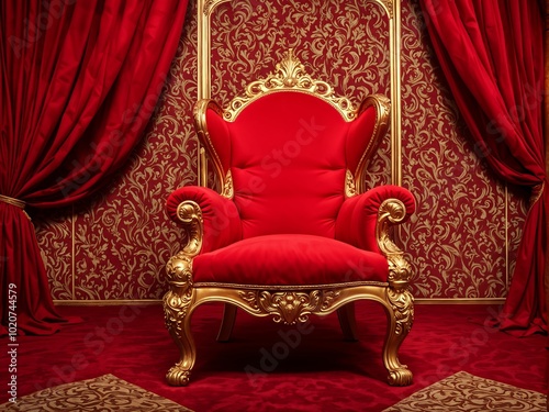 Red royal chair on a background of red curtains. Place for the king. Throne