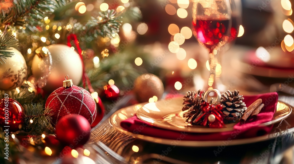 Christmas dinner table with wine glass and holiday ornaments Christmas dinner table with wine glass and holiday ornaments