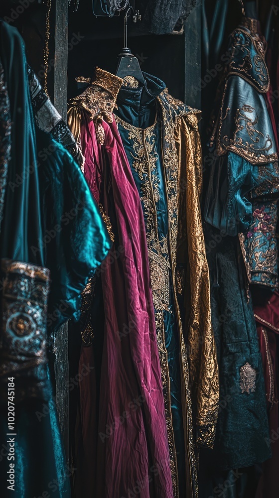 Fototapeta premium Elegant costumes hanging in a muted wardrobe, showcasing rich colors and intricate designs, perfect for historical or theatrical themes.