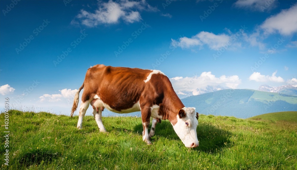 a brown white cow grazes in the meadow under the blue sky a brown white cow grazes in the meadow under the blue sky