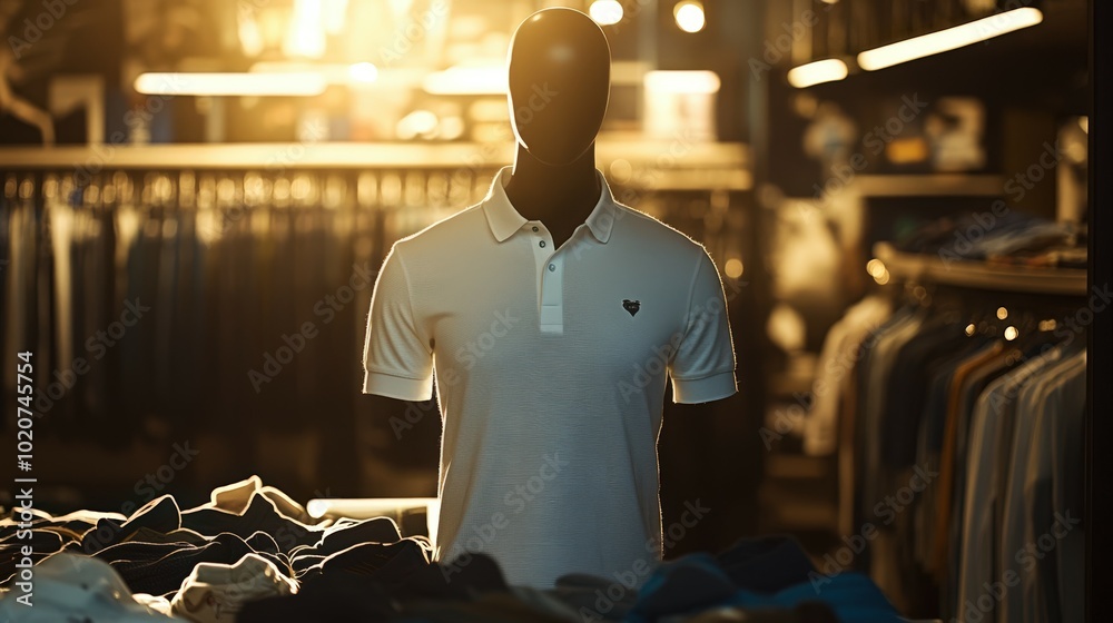 Stylish white polo shirt on display in a clothing store Stylish white polo shirt on display in a clothing store
