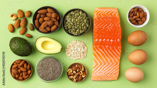 A keto diet arrangement of salmon, avocado, eggs, nuts, and seeds, placed on a bright green background,