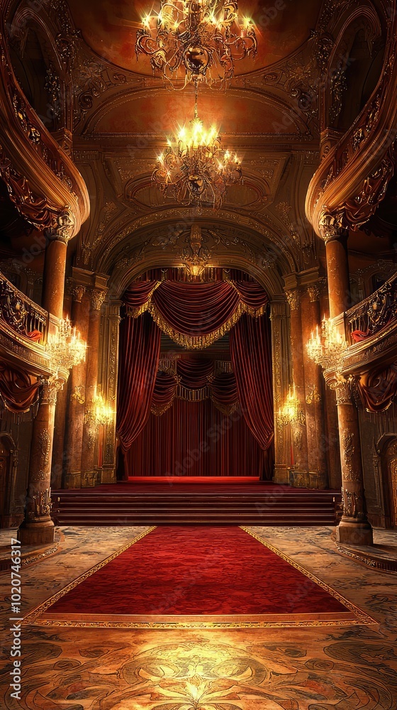 Obraz premium Elegant theater interior with red carpet, chandeliers, and opulent decorations, perfect for cultural or artistic representations.