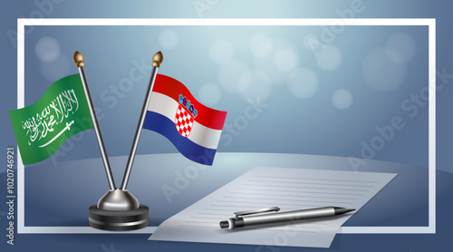 Saudi Arabia and Croatia Small national flag on bokeh background, cooperative relationship