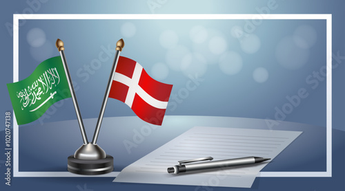 Saudi Arabia and Denmark Small national flag on bokeh background, cooperative relationship