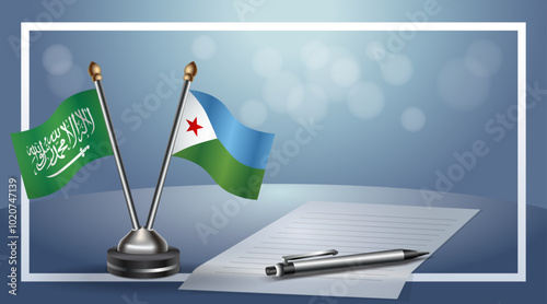 Saudi Arabia and Djibouti Small national flag on bokeh background, cooperative relationship