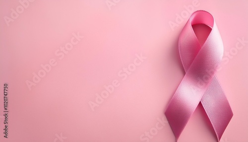 pink vertical ribbon on a plain pink background representing breast cancer awareness hope and support