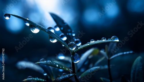 drop on the plant in rainy days in springtime blue and dark background