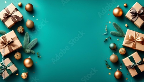 banner with many gift boxes tied velvet ribbons and paper decorations on turquoise background christmas background