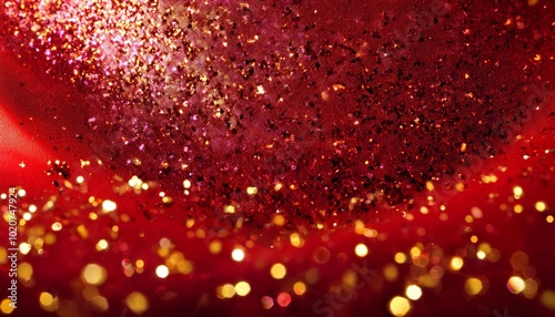 red liquid with tints of golden glitters red background with a scattering of gold sparkles magic galaxy of golden dust particles in red fluid with burgundy tints generative ai