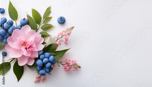 elegant floral arrangement with pink blossoms blue berries and green leaves on a light background creating a fresh and delicate design