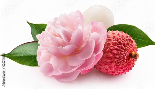 tender pink composition with lychee and rose flower isolated on a white background with clipping path