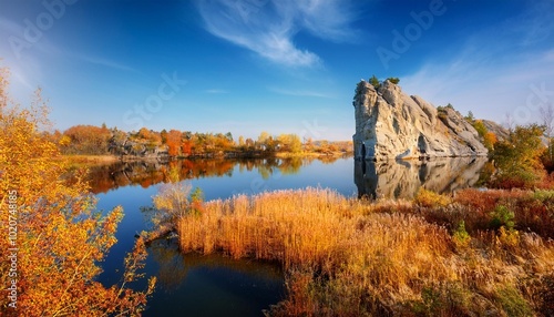 beautiful sunny autumn landscape blue sky and a river enveloping a high stone rock yellow dry grass spreads over the stones the rock is beautifully reflected in the water
