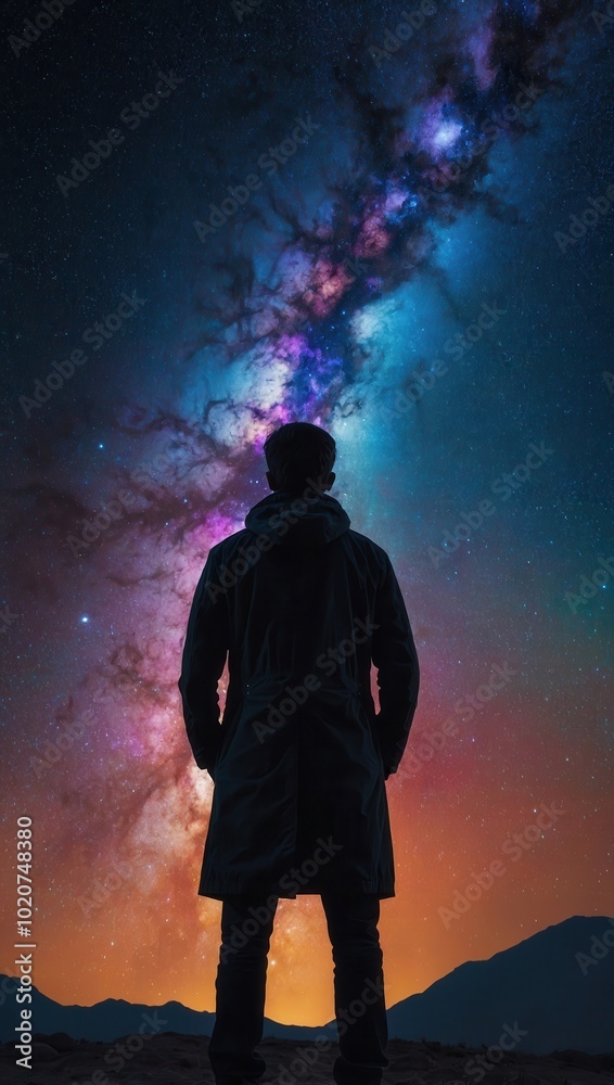 Silhouette of a person in thoughtful stance gazing at galaxy with nebula and starry sky Silhouette of a person in thoughtful stance gazing at galaxy with nebula and starry sky