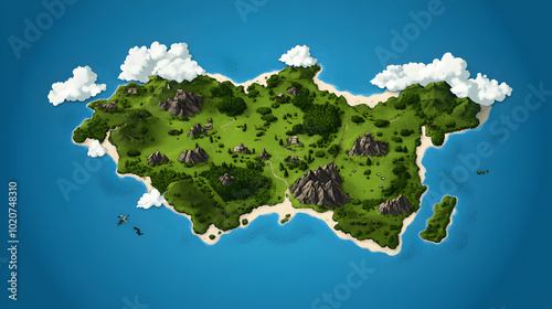 An illustrated map of a fantasy island with various landmarks. Fantasy island map.


