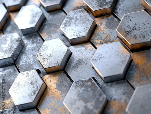 Overlapping Geometric Hexagon Metallic Tiles in Industrial Style