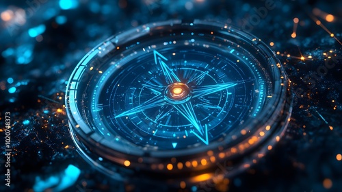 Wallpaper Mural Light blue holographic compass representing digital navigation, featuring glowing particles and circular data visualization, set against an abstract background with a sci-fi aesthetic. Torontodigital.ca