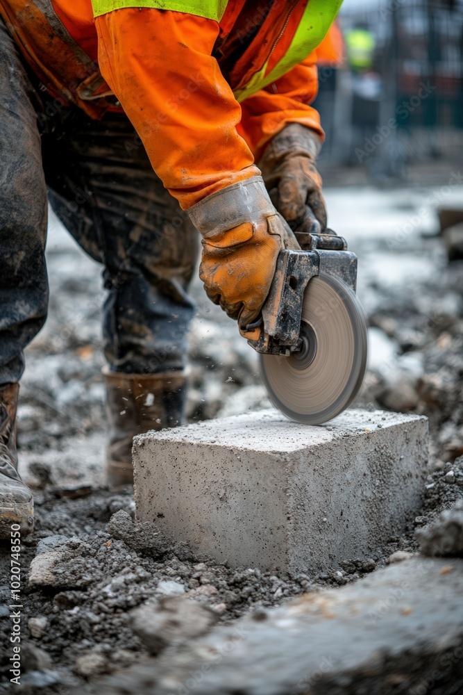 Construction worker using power tool on concrete block