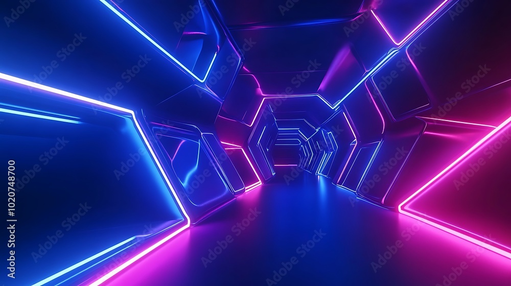 Abstract neon light tunnel with pink and blue glowing lines in a dark room. Abstract neon light tunnel with pink and blue glowing lines in a dark room.