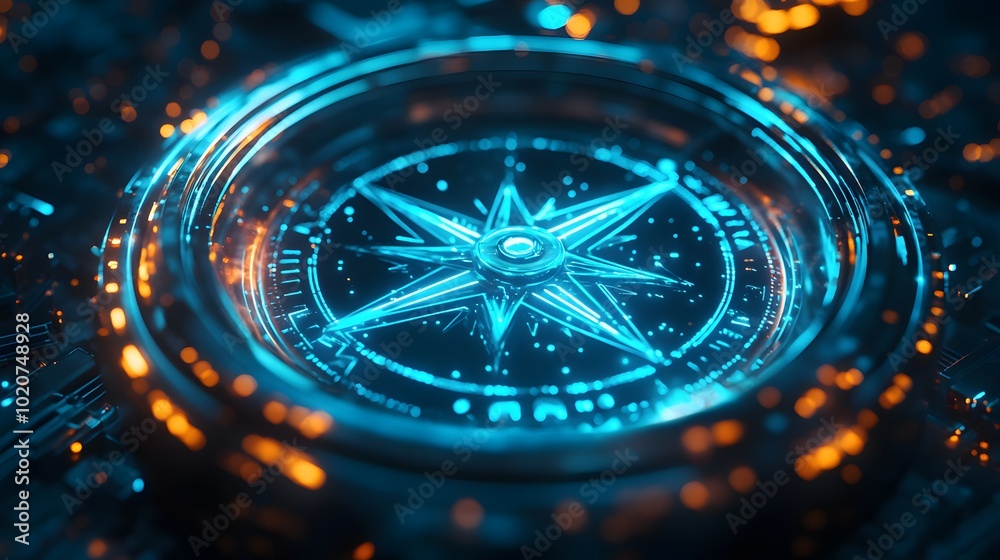 custom made wallpaper toronto digitalLight blue holographic compass representing digital navigation, featuring glowing particles and circular data visualization, set against an abstract background with a sci-fi aesthetic.