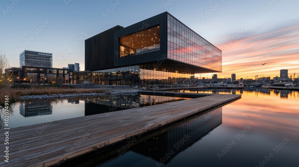 Modern Architecture with Reflection at Sunset Modern Architecture with Reflection at Sunset
