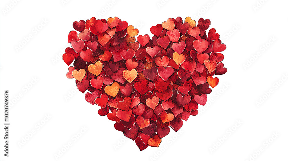 large heart shape formed by many smaller red and orange hearts on a white background large heart shape formed by many smaller red and orange hearts on a white background