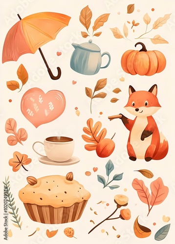 Autumn watercolor cover with fox, pumpkins, umbrella, leaves. Fall concept. Stickers, notepad cover. Drawing for brochure, advertisement, screensaver. Concept of creativity. 