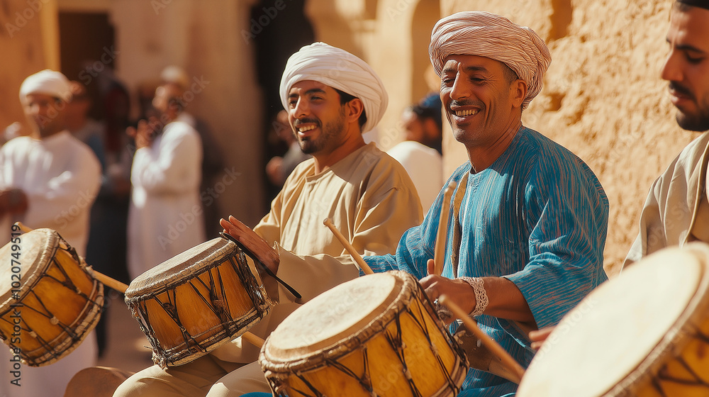 Fototapeta premium Traditional Moroccan musicians playing drums and flutes at a wedding procession