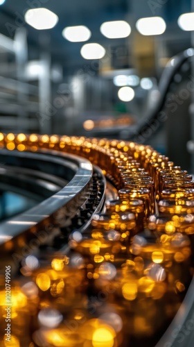 Rows of amber-colored glass bottles on conveyor belt