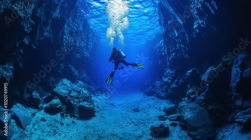 Diver exploring underwater cave