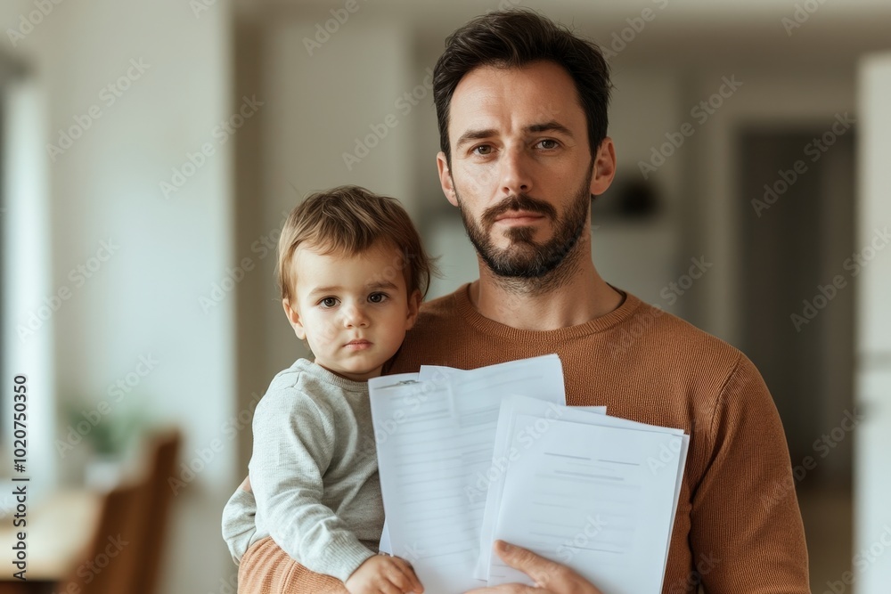 Father Holding Child and Documents in Home Setting Father Holding Child and Documents in Home Setting