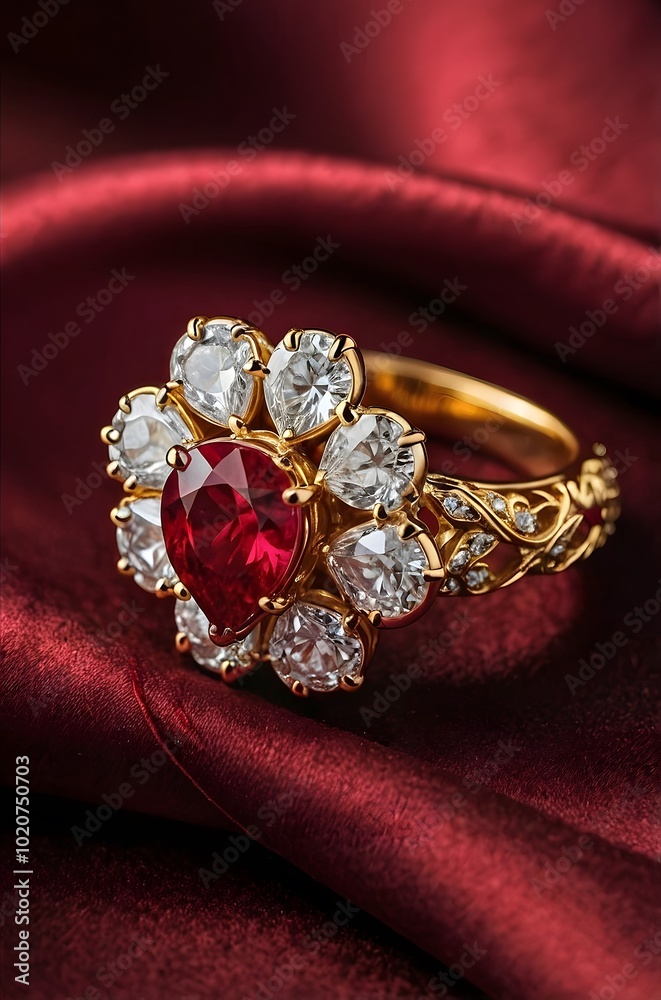A photograph of a diamond ring with excellent little pear cut Rubys in shape of flower, ultra realistic, ultra detailed, professional photography focused on the ring , on a rich crimson velvet fab A photograph of a diamond ring with excellent little pear cut Rubys in shape of flower, ultra realistic, ultra detailed, professional photography focused on the ring , on a rich crimson velvet fab