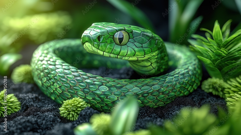 Fototapeta premium A detailed close-up of a vibrant green snake coiled among lush greenery in a natural environment.