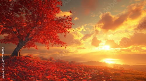 Vibrant autumn landscape with fiery red tree and dramatic sunset sky