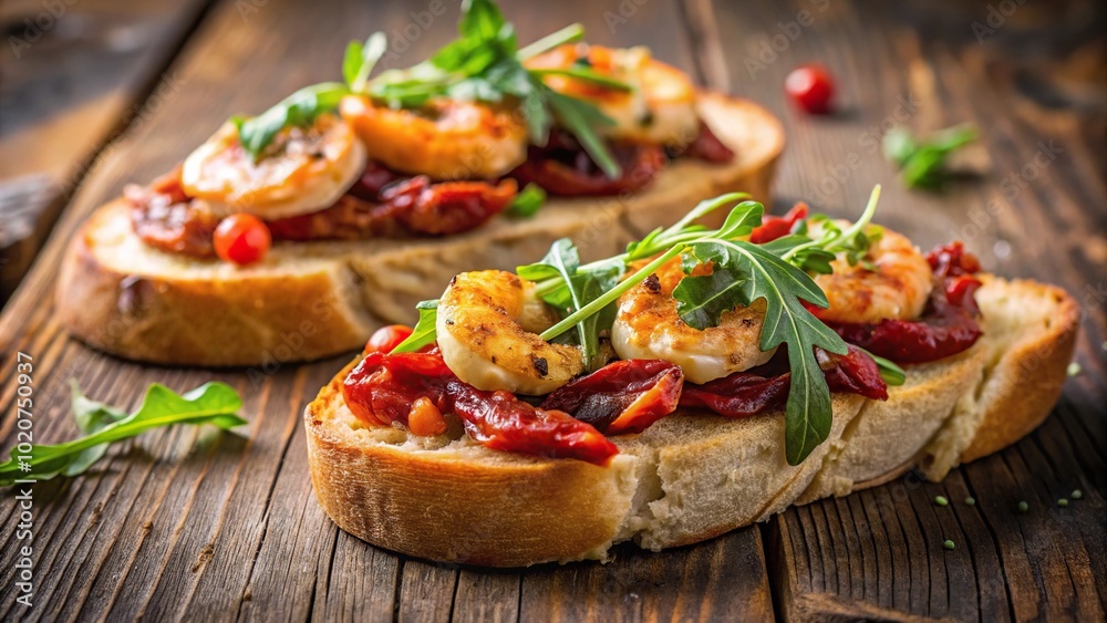 Fresh and delicious bruschetta with shrimp sauce, sun dried tomato, and arugula Fresh and delicious bruschetta with shrimp sauce, sun dried tomato, and arugula