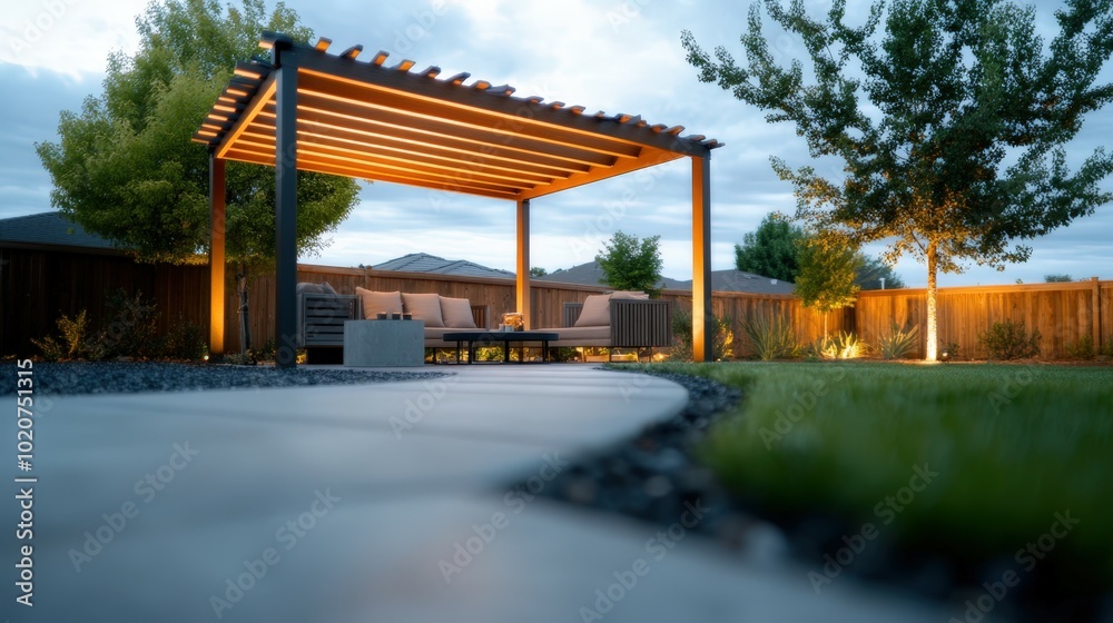 Fototapeta premium Cozy outdoor lounge area with illuminated pergola