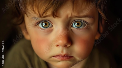 Close-up of a child with big sad eyes.