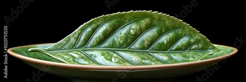 Artistic Presentation of Dried Green Leaves on Plate, Ceramic Decorative Art photo