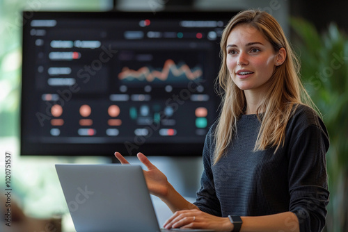 Professional woman presenting data analysis in a modern office setting