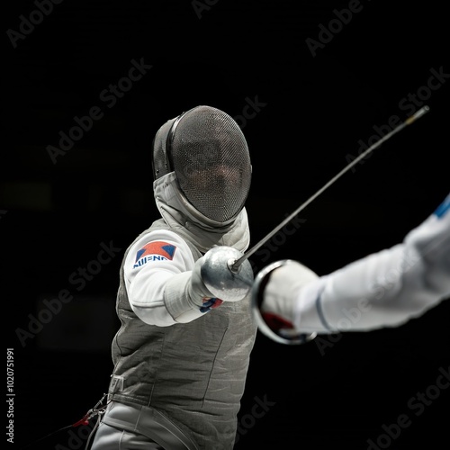 Fencing in a black and white photo with a black background, fencing, fencer, holding an epee, facing off in a duel, Extreme Close-up