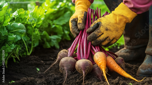 Organic beetroots and carrots being held by farmer hands