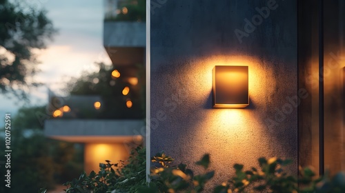 Modern house exterior illuminated at dusk, featuring warm ambient lighting from a square wall sconce, textured concrete walls, and a muted color palette for a tranquil atmosphere. photo