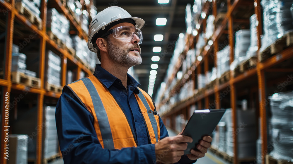 Factory manager, A factory manager, dressed in safety gear, is meticulously coordinating inventory checks in a clean, organized industrial warehouse, surrounded by neatly arranged Factory manager, A factory manager, dressed in safety gear, is meticulously coordinating inventory checks in a clean, organized industrial warehouse, surrounded by neatly arranged