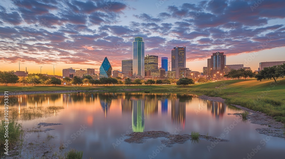 Naklejka premium Dallas Skyline Reflected in a Pond at Sunset