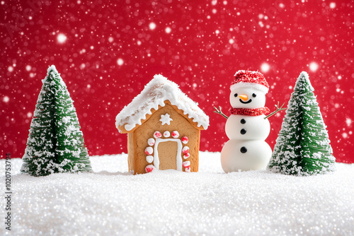 A gingerbread house and snow-covered trees with falling snow in the background. A snowman and a gift box add to the festive winter atmosphere against a red backdrop.