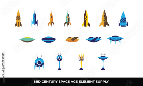 Mid century space age icon set illustration