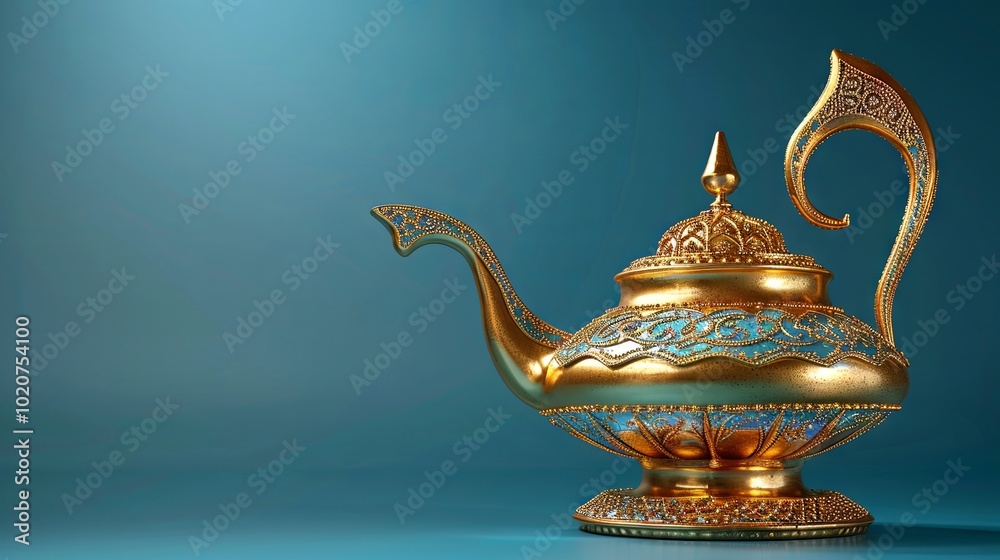 Naklejka premium A golden enchanted Aladdin’s lamp on a blue backdrop 
