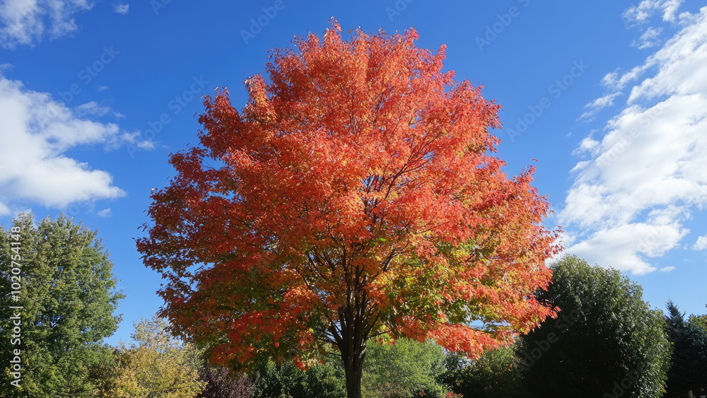 Bright Autumn Tree with Red and Orange Leaves Against Blue Sky Bright Autumn Tree with Red and Orange Leaves Against Blue Sky
